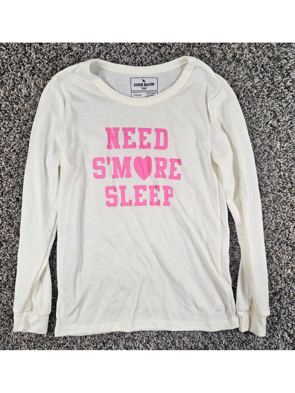 Eddie Bauer Girls Sz M Long Sleeve Pajama Shirt White Pink Need Smore Sleep